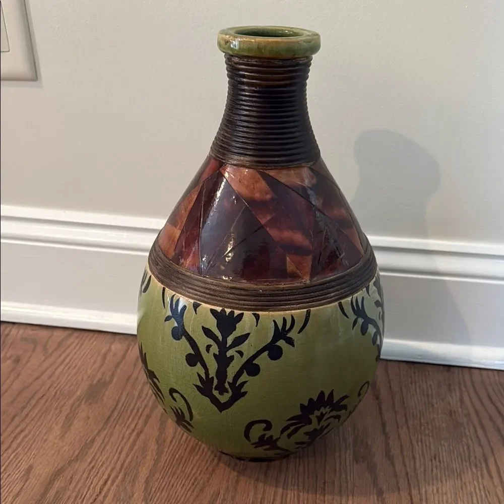 PIER ONE LARGE Decorative Ceramic Vase with Green Brown Black Pattern Decor